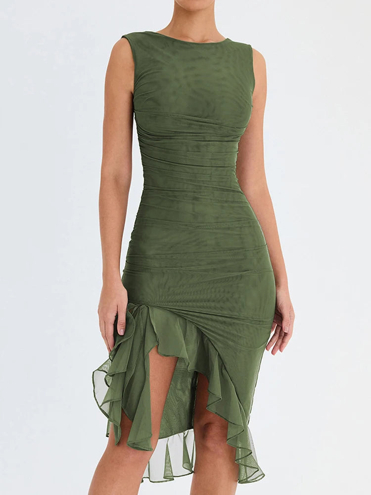 Ruffle Ruched Backless Midi Dress