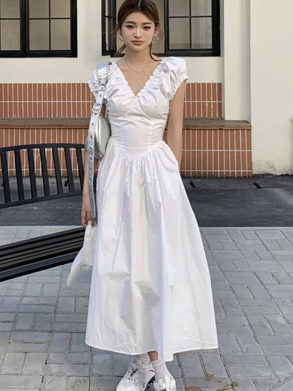 Midi Dresses for Korean V-neck Backless High Waist Puff Sleeve A-line Party Dress Summer Vestidos Mujer