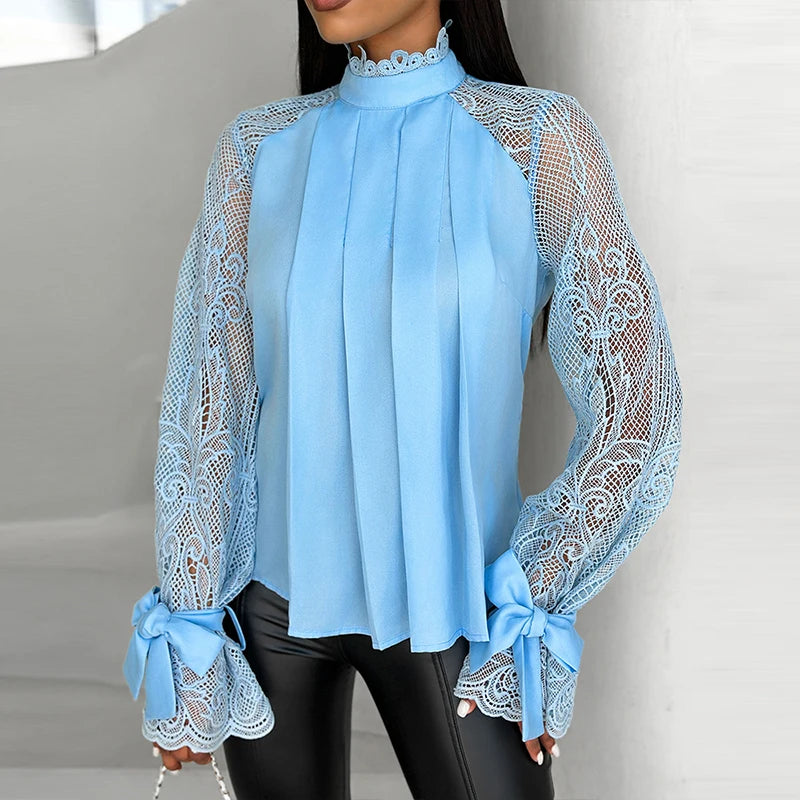 Spring Patchwork Lace Blouse Shirts Stand Collar Draped Top Autumn Tieup Bowknot Sleeve Hollow Pullover