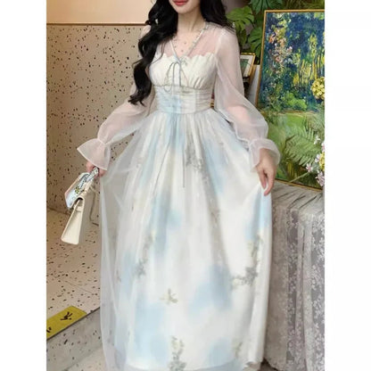 V Neck Long Dress Spring Summer Aline French Style Dresses Sweet Aline Vestidos Mujer