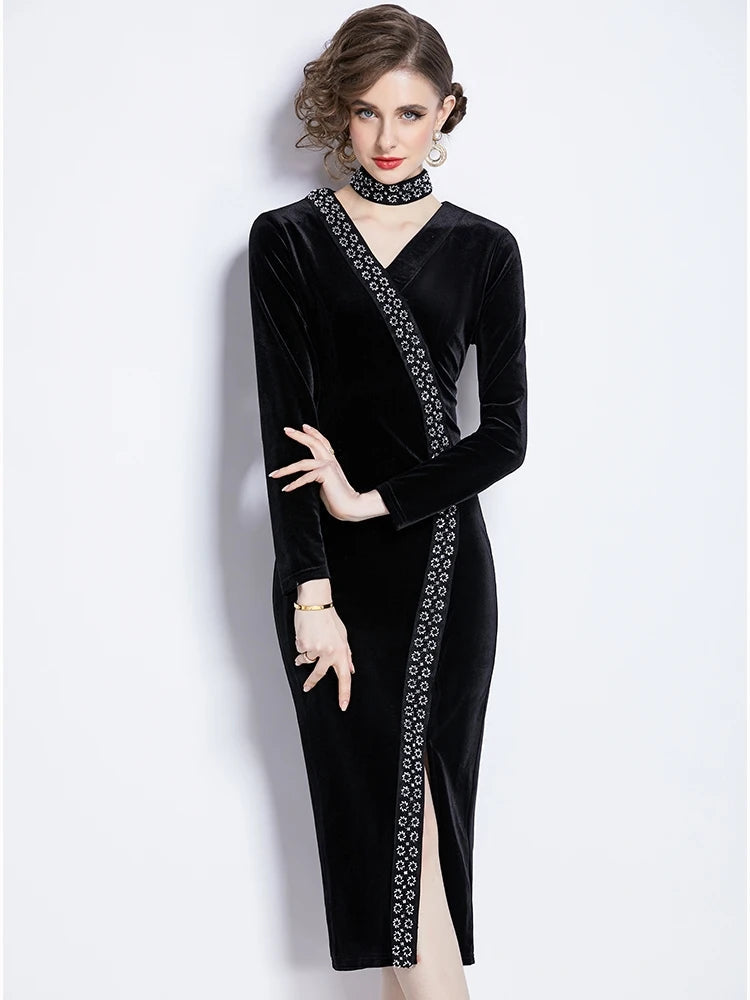 Beading Velvet Midi Dress V Neck Halter Black Bodycon Evening Split Vestidos Spring Female Wedding Party Clothes