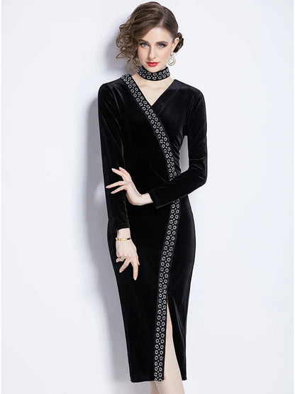 Beading Velvet Midi Dress V Neck Halter Black Bodycon Evening Split Vestidos Spring Female Wedding Party Clothes