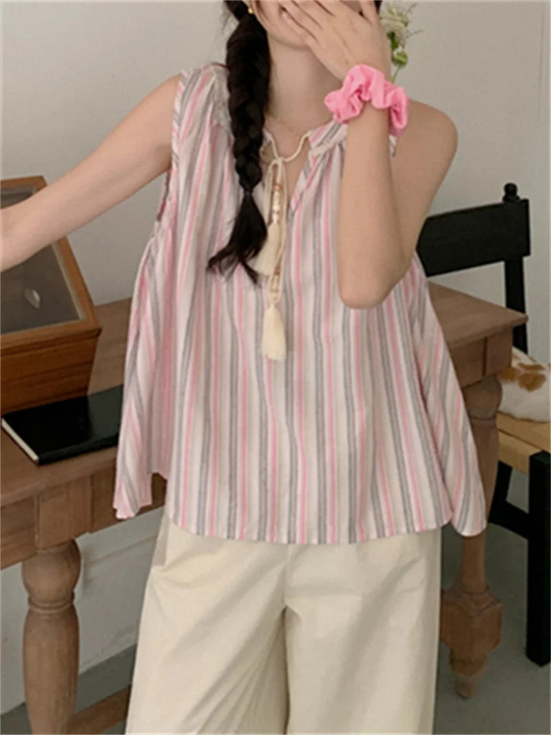 Pink Tank Tops Stripes Sweet Ol Sleeveless Loose Gentle New Office Lady Slim Outwear