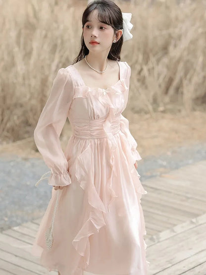 Pink Fairy Party Midi Dress Korean Style Sweet Vestidos Female Bubble Sleeve Evening Party Robe Autumn New