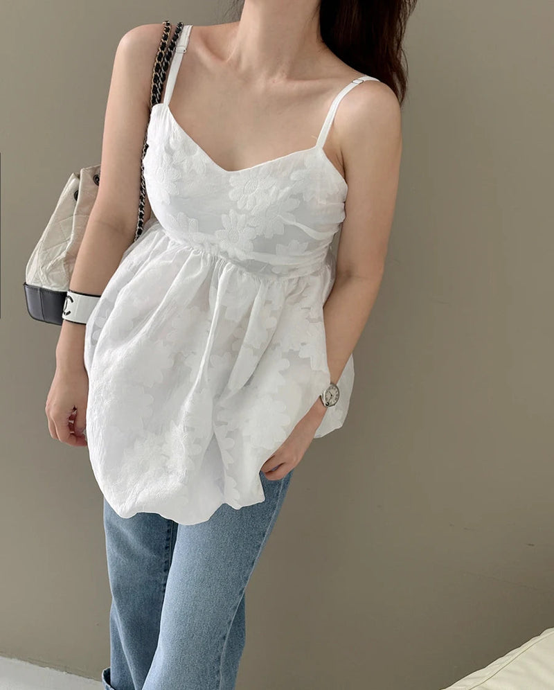 3d Embroidered Jacquard Tank Top Strap Summer New Style Unique Design Lotus Leaf Edge Puff Blouse Top