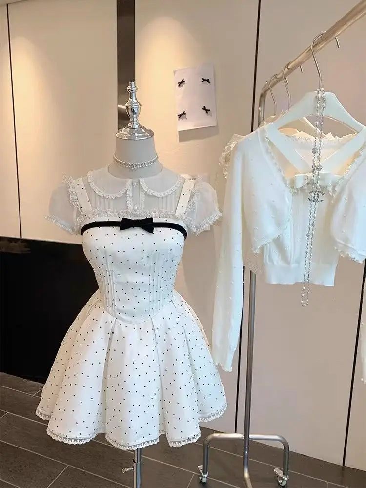 Summer Kawaii New Two Piece Set Chiffon Blouse+sleeveless Strap Dress Female Lolita Japanese Princess Suit