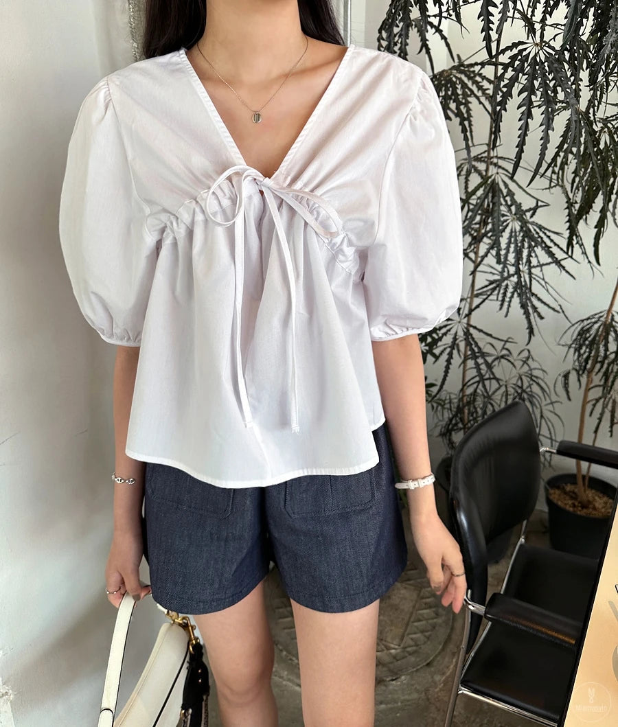 Spring Summer Puff Sleeve Vneck Blouses Short Sleeve Loose Laceup Shirts for