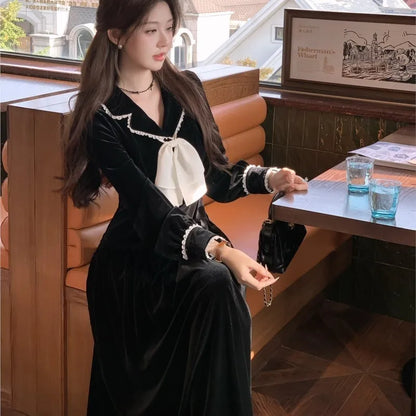 Lapel Midi Dresses for Bow Long Sleeve Birthday Party Dress A-line Autumn New Korean Vestido Mujer