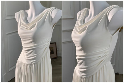 White Long Dresses Fairycore Slash Neck Inclined Shoulder Vestidos Summer Laceup Ruched Trumpet Dress