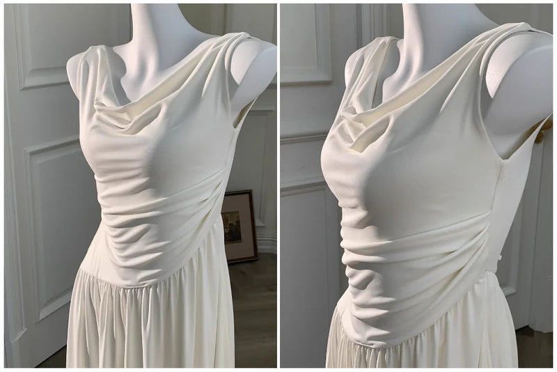 White Long Dresses Fairycore Slash Neck Inclined Shoulder Vestidos Summer Laceup Ruched Trumpet Dress