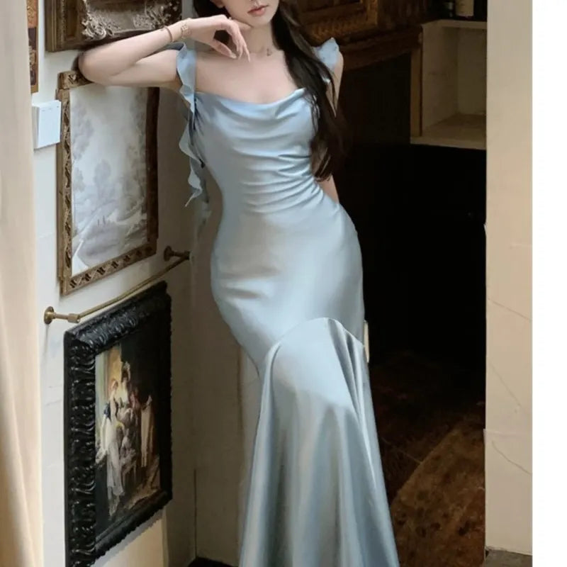 Summer Mermaid Dress Bodycon Spaghetti Strap Midi Maxi Dresses Lady Stain Party Square Neck New Robe
