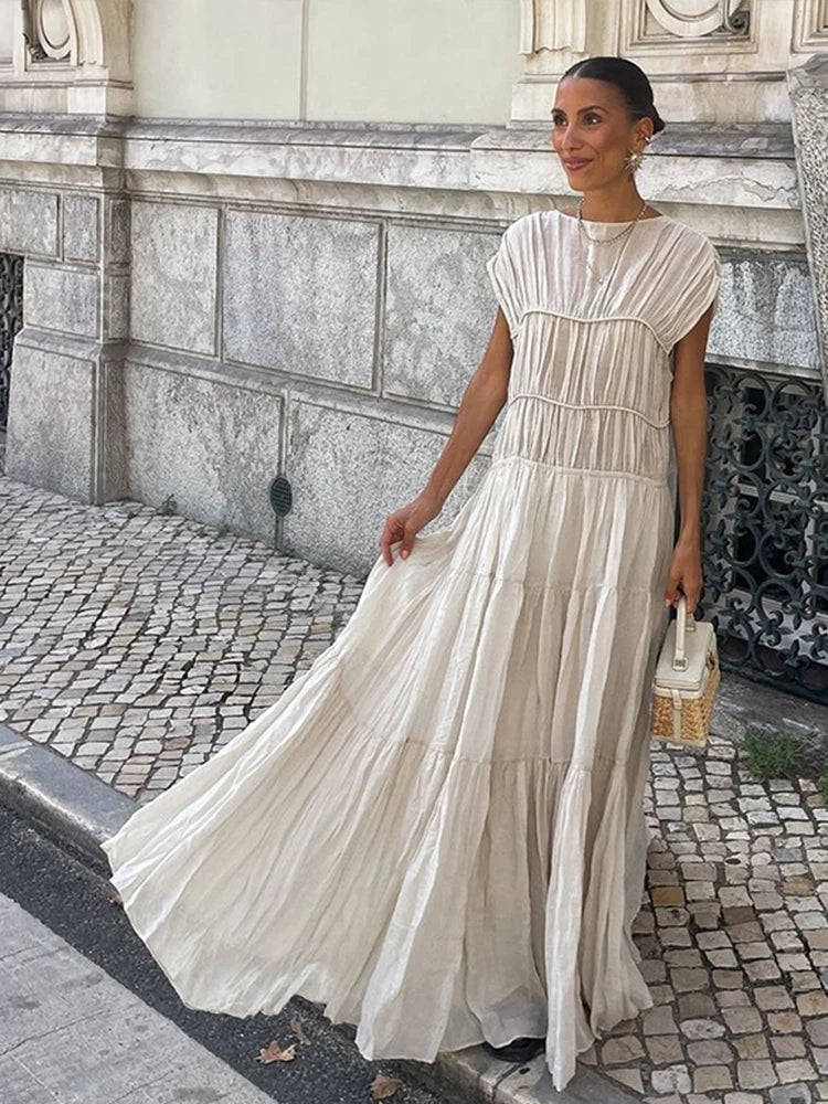 Pleated Long Dresses Backless O-neck Short Sleeve Dresses Female Summer Spring Party Beach Holiday