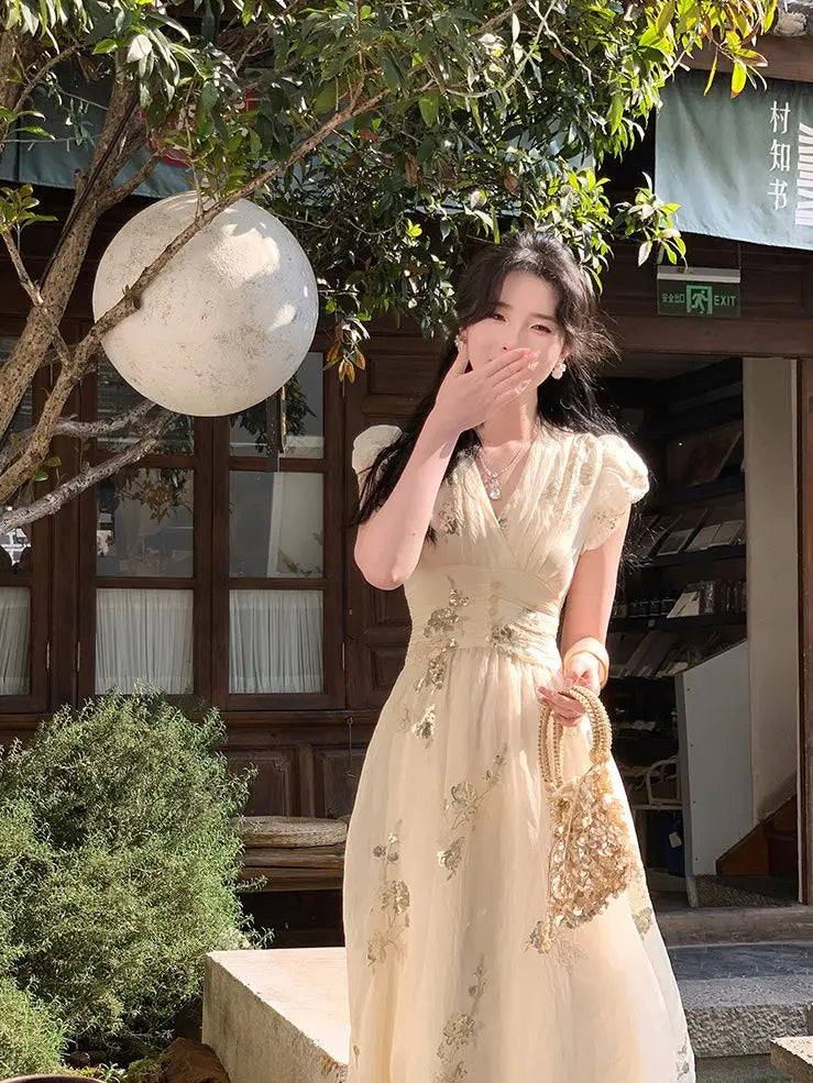 French Vneck Midi Dress Female Even Party Clothing Summer Retro One Piece Dress Korean 2000s Y2k