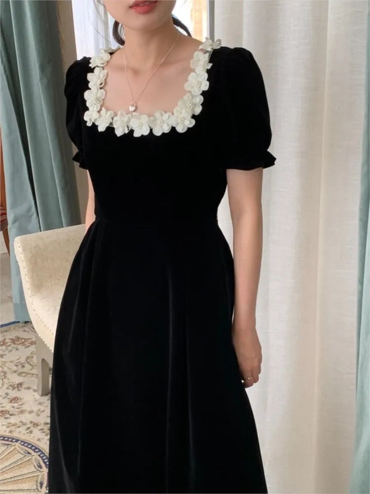 Autumn French Black Velvet Midi Dresses for Puff Sleeves Square Collar A-line Korean Vestido Mujer New