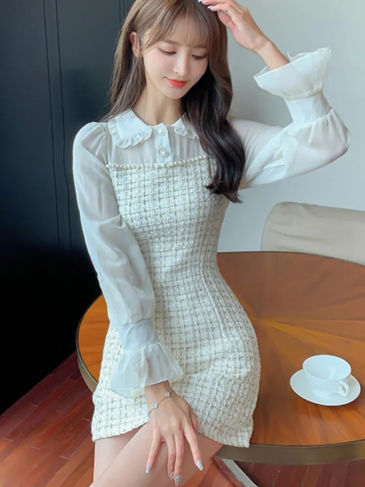 Plaid Mini Dress Sweet Flare Long Sleeves Chiffon Patchwork Birthday Party Short Dresses Female Clothing New
