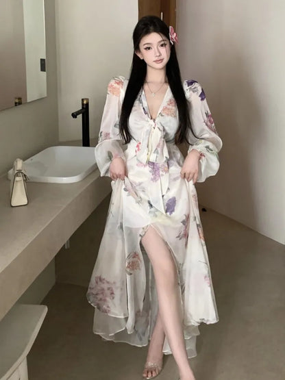 Printed Long Dresses for Lantern Sleeve V-neck High Split Y2k Fairy Party Dress Korean Vestidos New