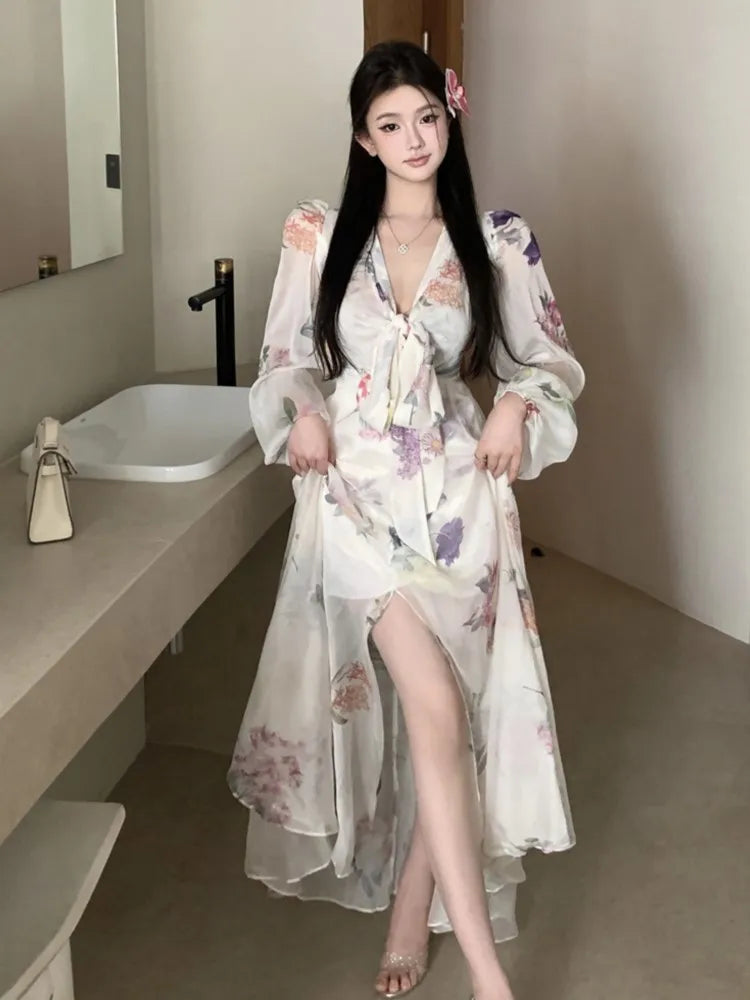 Printed Long Dresses for Lantern Sleeve V-neck High Split Y2k Fairy Party Dress Korean Vestidos New