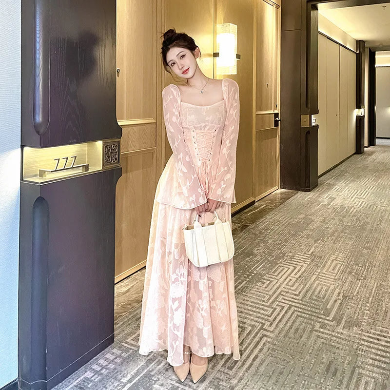 Pink Vestidos Mujer Spring Autumn Ins Dresses Sweet Aline Beach Style Long Dress
