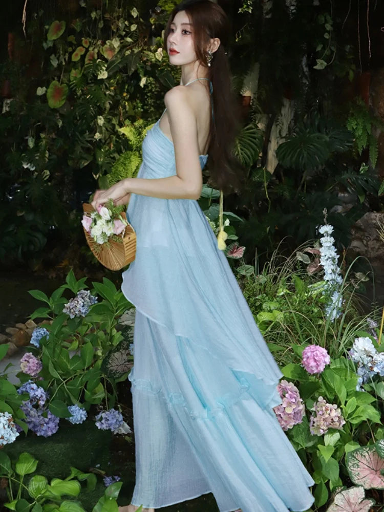 Korea Sweet Fairycore Halter Long Dress Ruffles Birthday Party Dress Summer Aline Vestidos Female New Robe