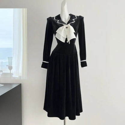 Lapel Midi Dresses for Bow Long Sleeve Birthday Party Dress A-line Autumn New Korean Vestido Mujer