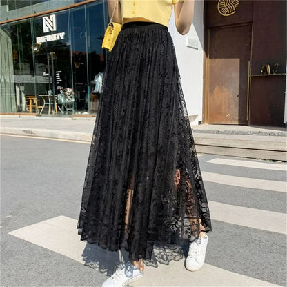 High Waist Hollow Out Female Maxi Skirts Spring Summer Lace Crochet Umbrella Long Skirts