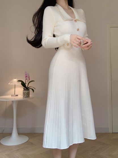 New French Knitted Dress Autumn Winter Slim A-line Lapel Knitted Dresses Long Sleeve Midi Dress