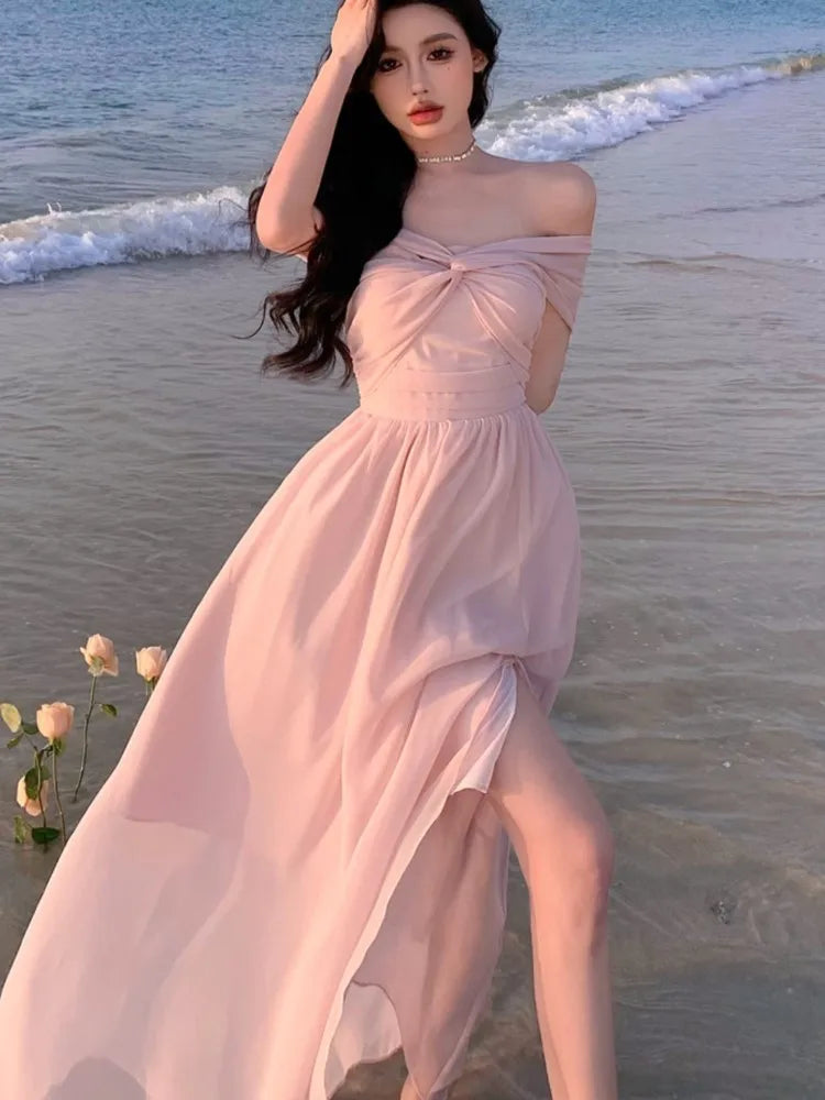 Chiffon Midi Dress Summer New Off Shoulder Slash Neck High Split Holiday Beach Style Backless Party Dress Vestido