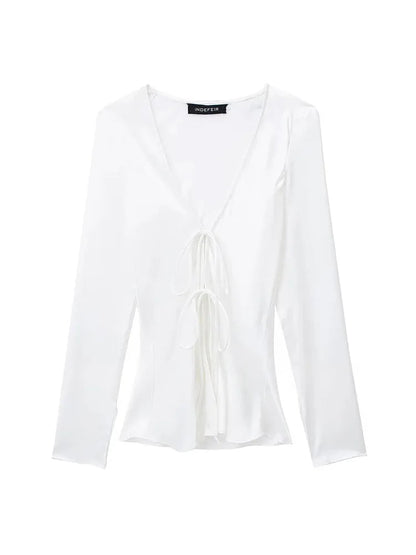 Vneck Lace Up Satin Blouses Long Sleeves Color Shirt Top Female Versatile Tops