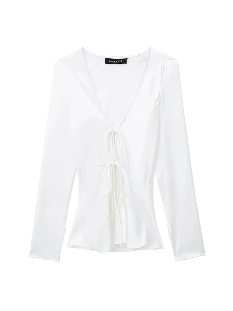Vneck Lace Up Satin Blouses Long Sleeves Color Shirt Top Female Versatile Tops