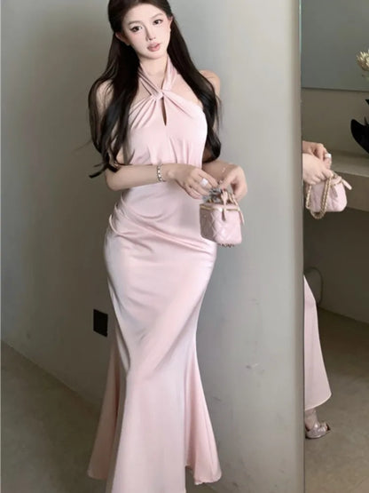 Bodycon Satin Evening Party Dress Sleeveless Halter Slim Mermaid Summer New Midi Dresses for Prom Vestidos Mujer
