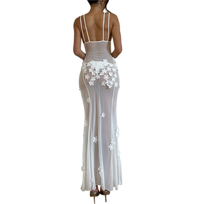 Dress for White Sheer See Through V Neck Sleeveless Bodycon Long Dresses 3d Flower Party Dresses Clubwear