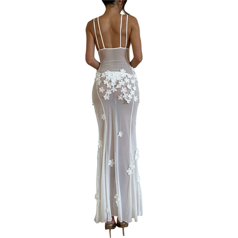 Dress for White Sheer See Through V Neck Sleeveless Bodycon Long Dresses 3d Flower Party Dresses Clubwear