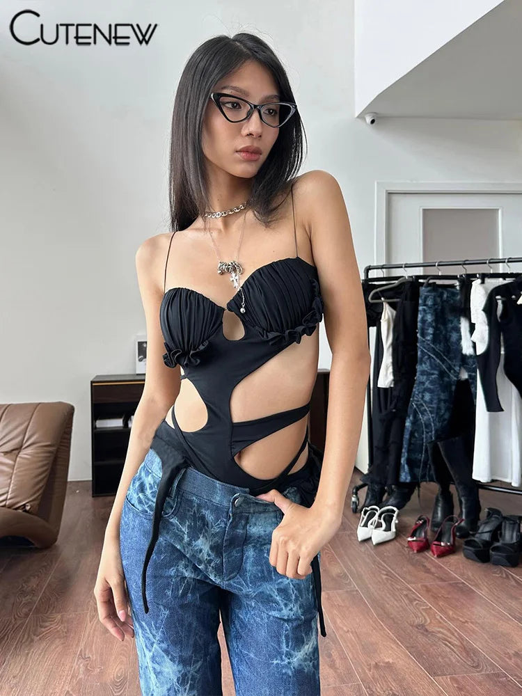 Hollow Bodysuits Hot Ribbons Sleeveless Backless Bandage Slim Tops Female Ruffle Summer New Rompers