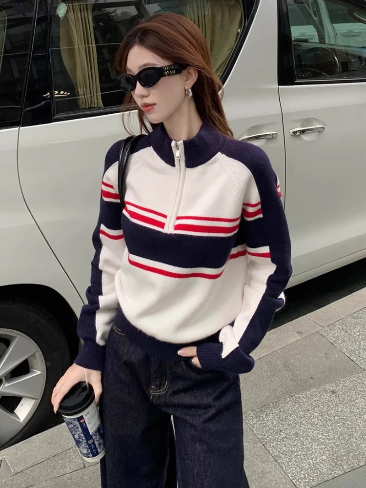 American Retro Striped Sweater Half Zipper Knitwear Pullovers Oversized Raglan Sleeve Winter Clothes