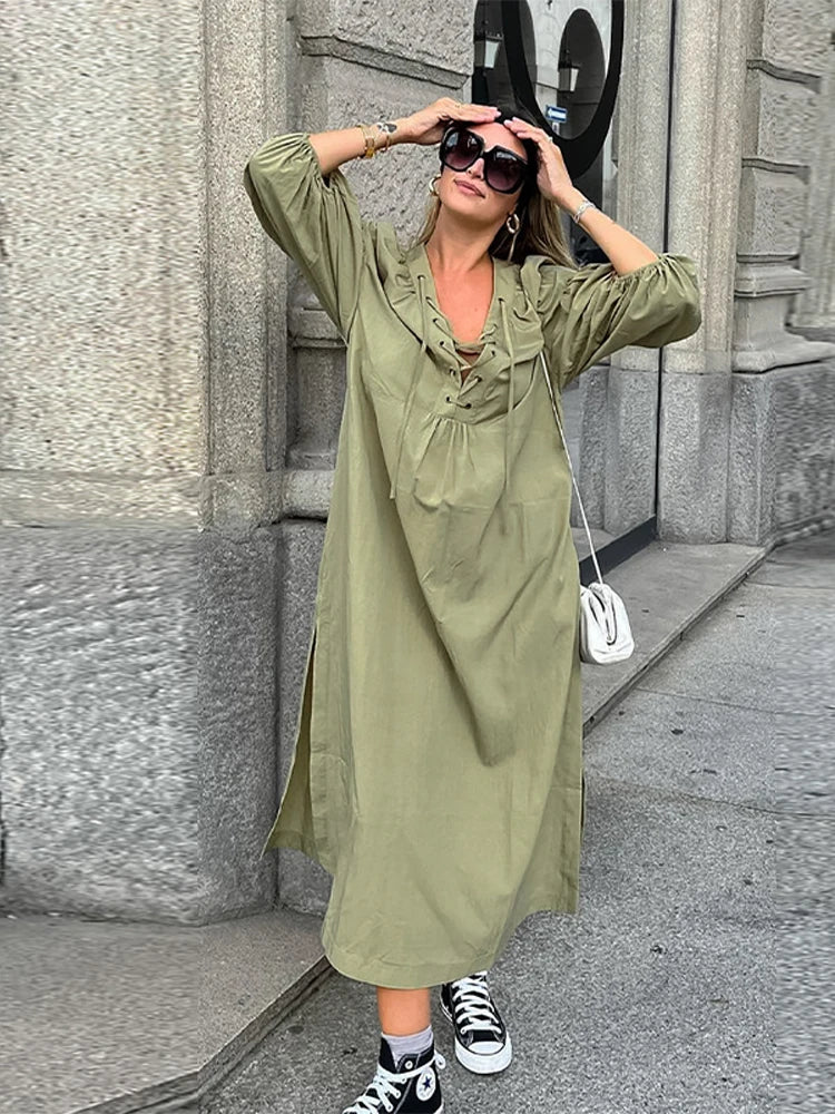 Street Lace Up Long Dresses New Loose V-neck Side Slit Dress Female Summer Versatiel Street Party Robes