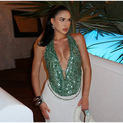 Sequin Hollow Halter Contrast Mini Dress