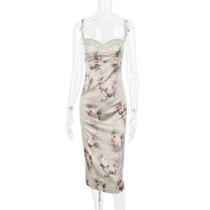 Spaghetti Strap Lace Print Midi Dress for Robe Strapless Backless High Waist Bodycon Club Party Long Dress