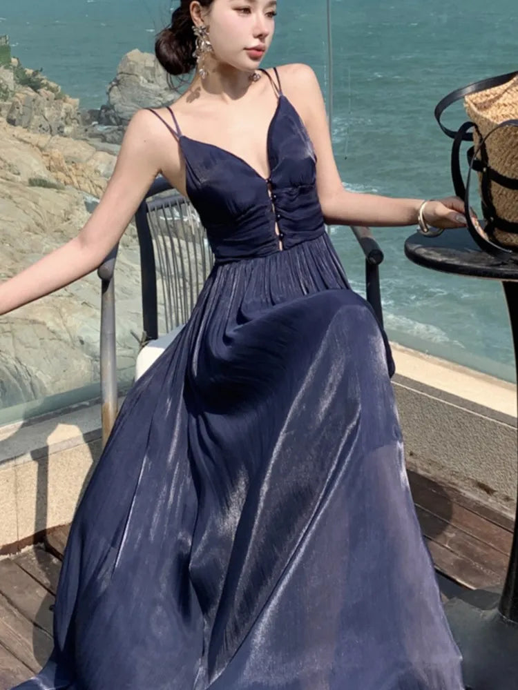 Summer New Spaghetti Strap Long Dresses for V-neck A-line Evening Party Dress Backless Prom Robe One Piece Vestido Mujer