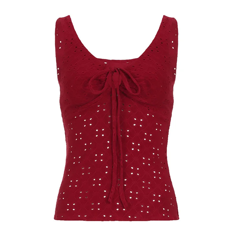 Christmas Red Lace Up Cut Out ��s Tanks Sleeveless Design V-neck Backless Exquisite Blouses