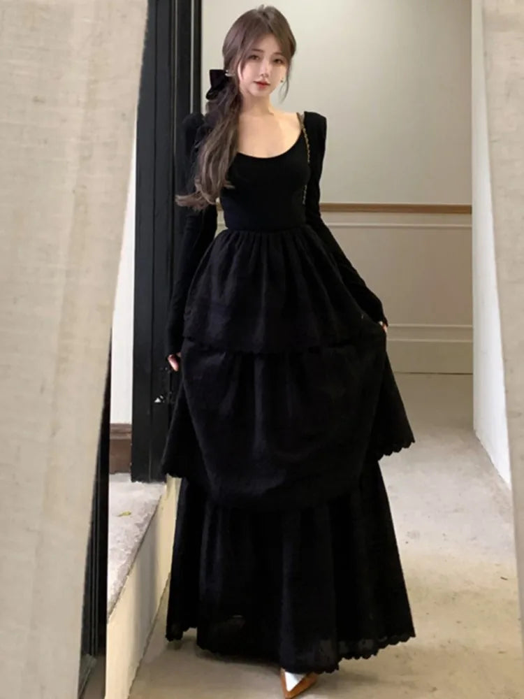 Autumn Cake Long Dress for Long Sleeve Oneck Aline Party Dresses One Piece Vestidos Robe