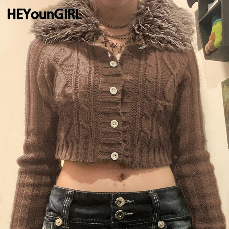 Y2k Brown Buttons Crop Sweater With Detachable Fur Collar Autumn 2000s Knitted Cardigan Slim Winter Outfits