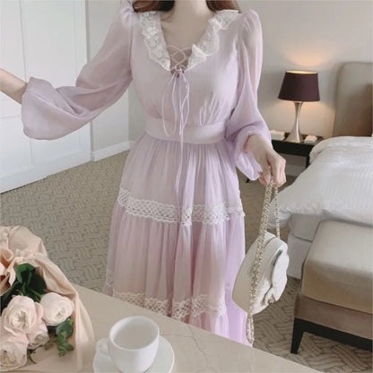 French Fairy Midi Dresses for Lantern Sleeve High Waist V-neck A-line Princess Party Dress Female Vestidos