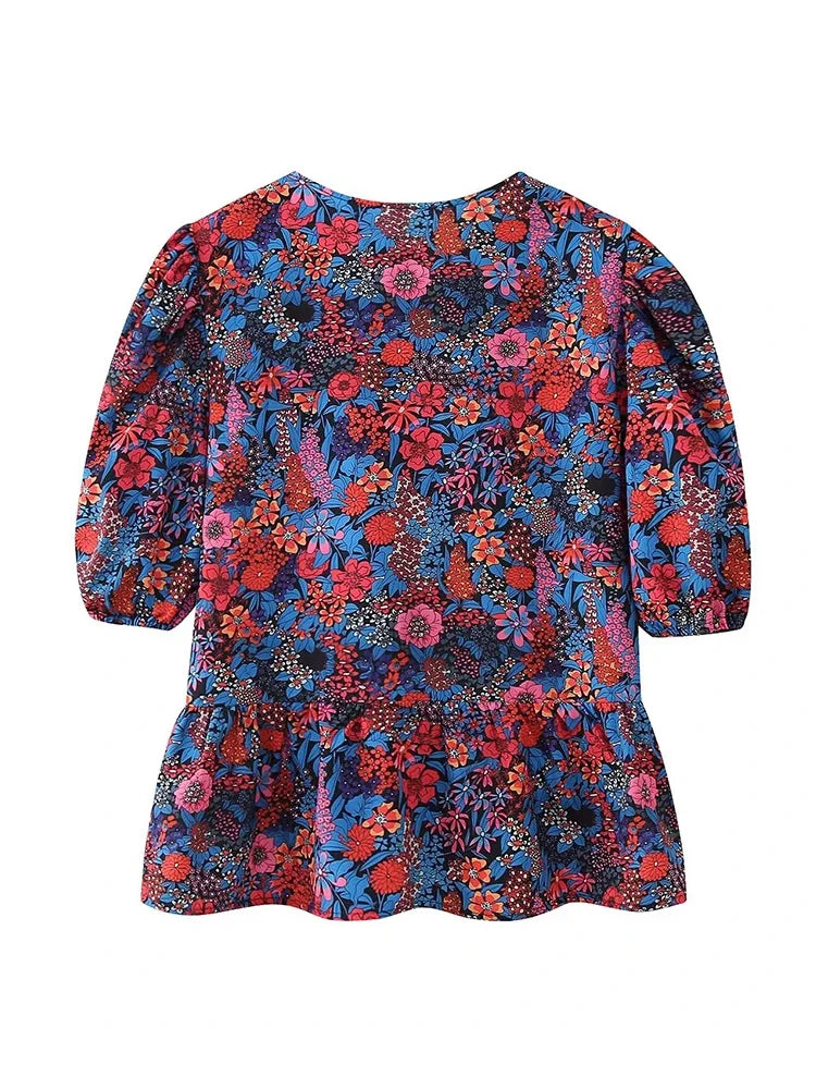 Woman Printed Blouses Top Lace Up Round Neck Short Sleeves Tshirt Female Flounce Cropped Tops