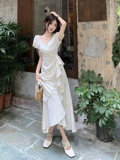 White Vneck Lace Up Short Sleeved Dress Summer New Lotus Leaf Edge Waist Cinching Slim Temperament Long Dresses