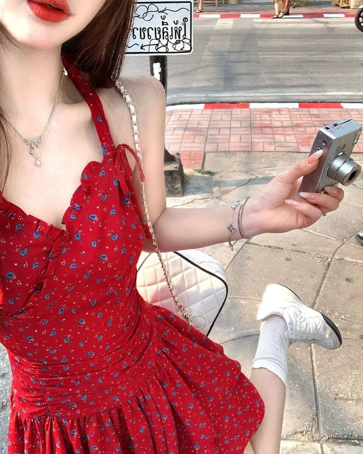 Woman Dresses Printed Sleeveless Halter Irregular Ruffles Bow Bandage Backless Mini Dress Sweet Party