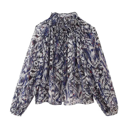 Chiffon 2 Piece Set Long Sleeves Printed Flowy Loose Blouse Top Woman Ruffle Aline Mini Skirt