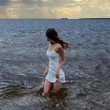 Basic Dress for White Spaghetti Strap Sleeveless a Line Mini Dresses Y2k Clothes 2000s Aesthetic Dress Beach Wear