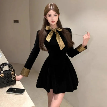 Evening Dresses Bow Velvet Long Sleeve Slim Birthday Party Cocktail Mini Dress