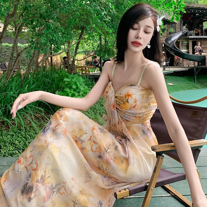 Retro Beige Yellow Print Sleeveless Pleated Slip Long Dress Summer New Holiday Evening Party Dress