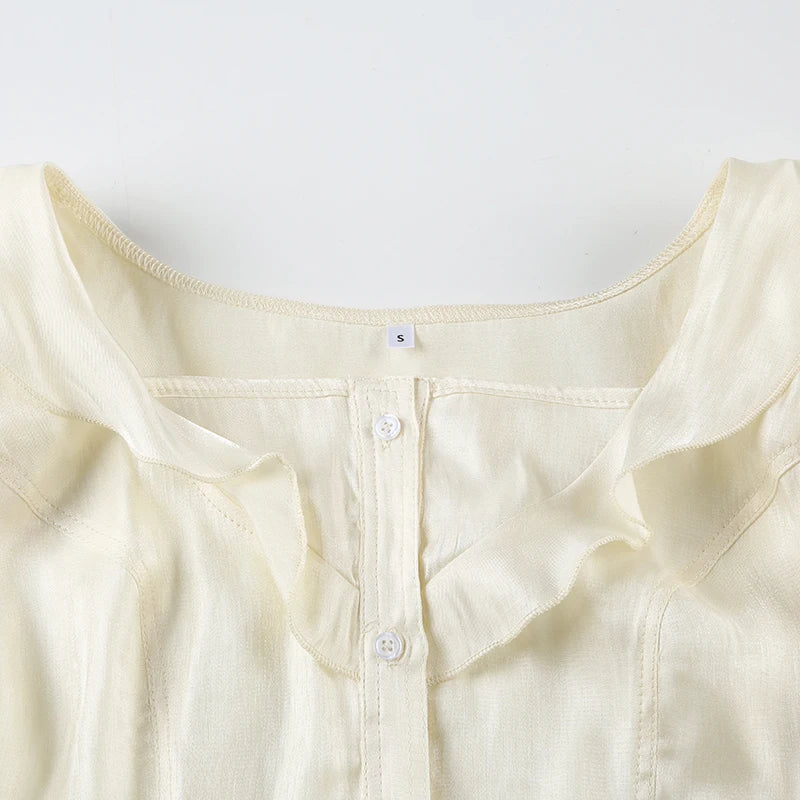Peter Pan Collar Tiered Aline Blouse Sweet Slimming Back Tieup Bow Shirts Short Sleeve Top Summer
